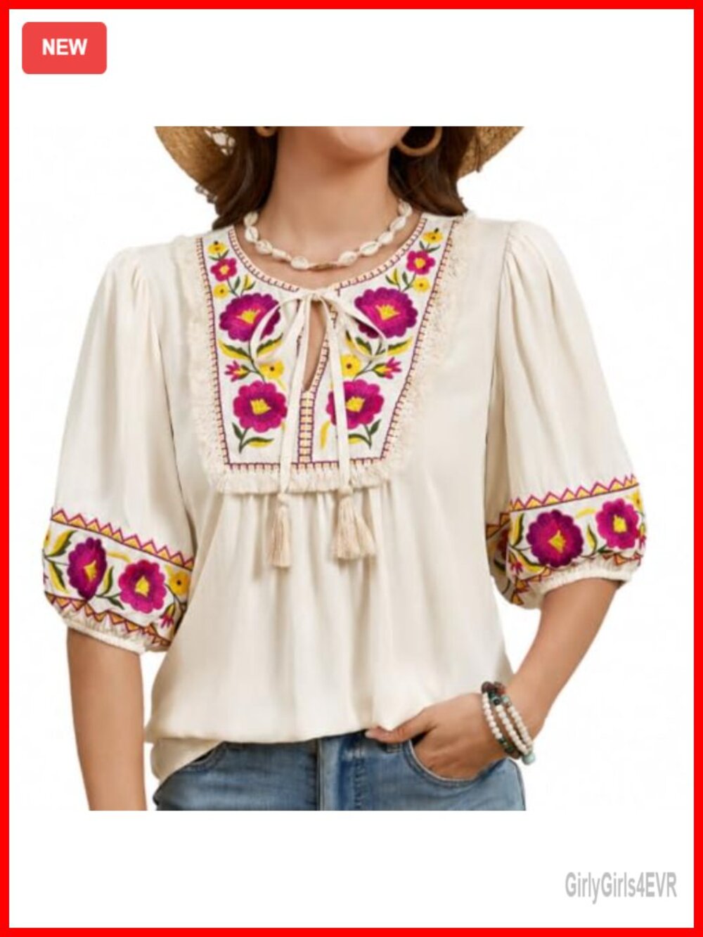 Women's Mexican Boho Floral Embroidered Puff Sleeve Blouse Tunic Top